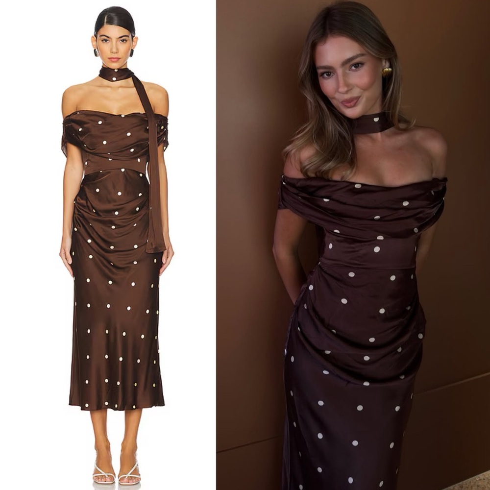 LPA Luisa Polka Dot Midi Dress Detachable Scarf Brown Cream NEW with tags